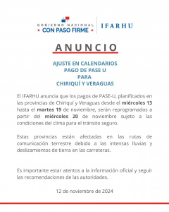 Ajuste en calendarios de pago de Pase-U para Chiriquí y Veraguas