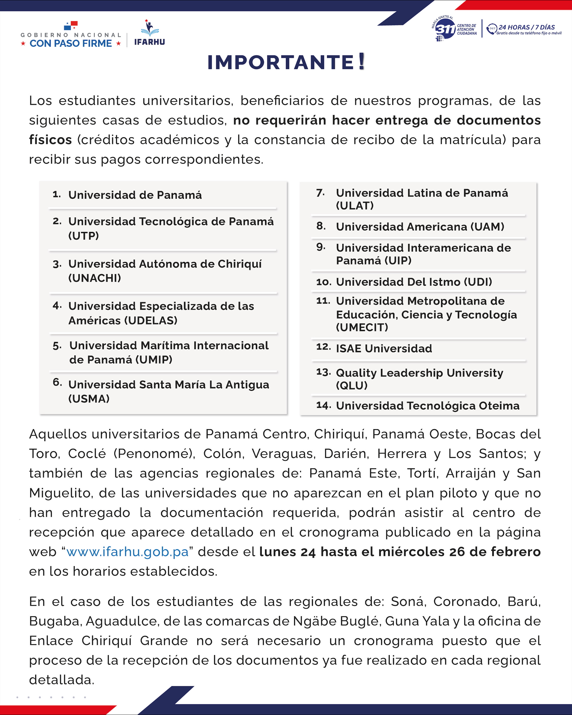 Recepción de documentos: Estudiantes Universitarios - IFARHU